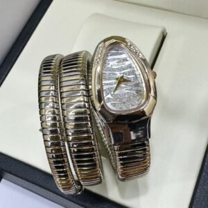 Bvlgari Serpenti curved case with a diamond-set bezel, a guilloché soleil dial