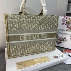 Christian Dior Book Tote Oblique Embroidery With OG Box & Dust Bag & Scarf (Gold-M929 41Cm)