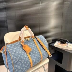 Louis Vuitton LV Keepall Bandoulire NBA Edition Premium Monogram Unisex Duffle Bag With Dust Bag & Accessories (Denim Brown - 684)(BSB)