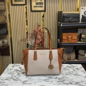 Michael Kors Voyager Leather Satchel Shoulder Bag With Dust Bag (19028_Beige_Brown)(LB)