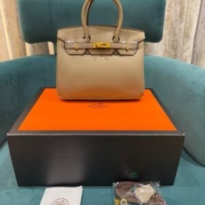 Hermes Apricot Grey Togo Leather Rose Gold Hardware Birkin Bag With Dust Bag & OG Box (BK25 Apricot Grey)(LB)
