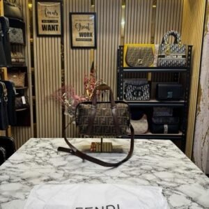 FEND I LEATHER BOWLING HANDBAG WITH SLING PREMIUM QUALITY WITH DUST BAG (COFFEE BROWN)